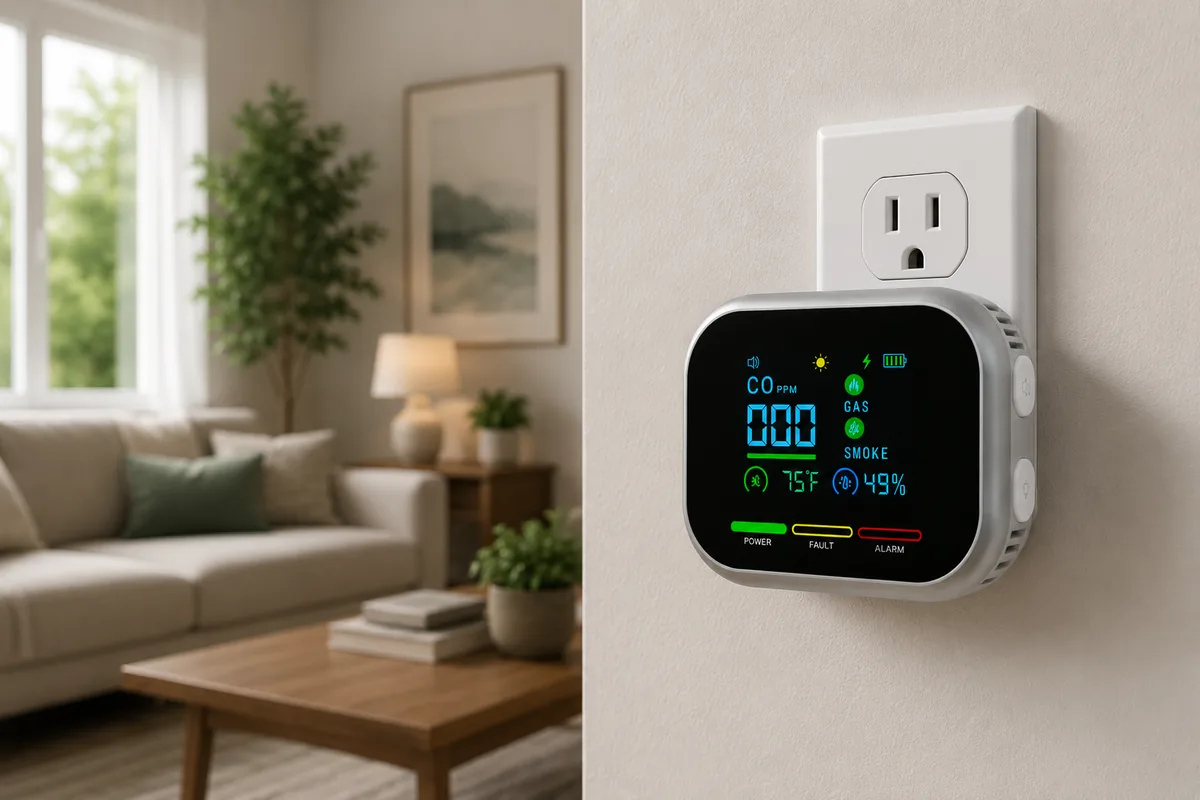 Plug-in carbon monoxide detector on a wall