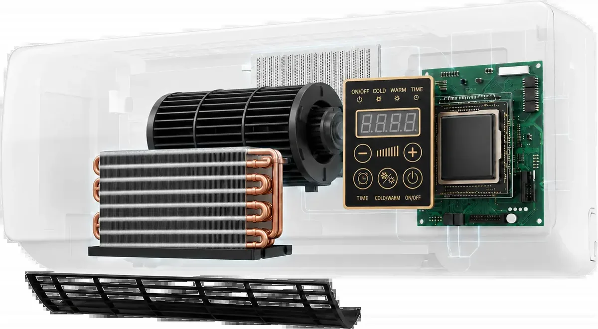 Cutaway of the heater showing the fan, ceramic heating core and control board